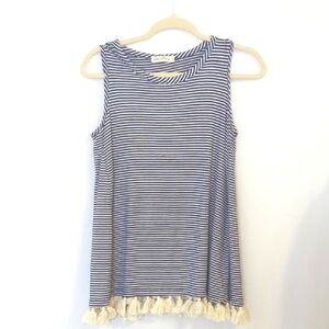 Pebble and Stone Navy and White Striped Top with tassel Edge Small